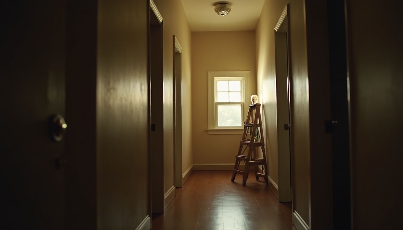 A cinematic photograph of a calm home hallway with a labelled fuse box door ajar and a smoke alarm on the ceiling catching evening light, deep green and charcoal tones, photorealistic, no text