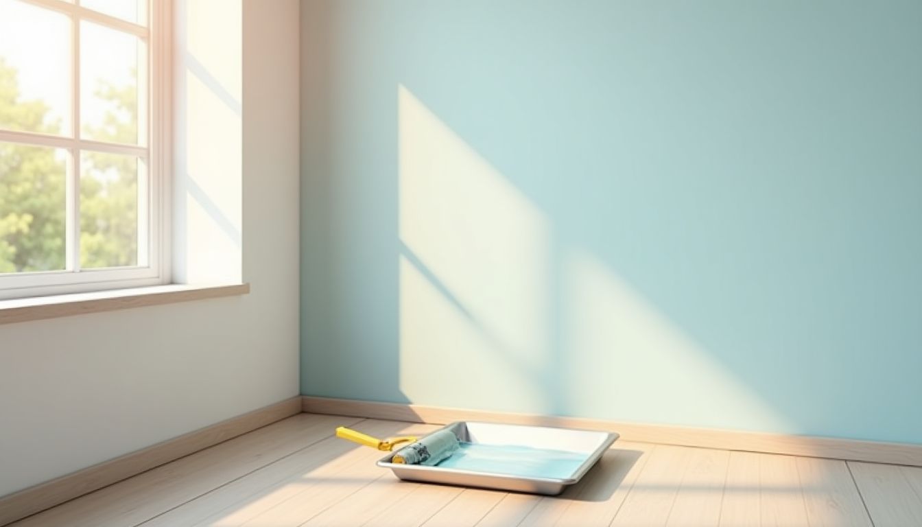 A cinematic photograph of a freshly painted sage-green room with a roller tray, paintbrush and a spirit level on a drop cloth, soft daylight through a window, deep green tones, photorealistic, no text